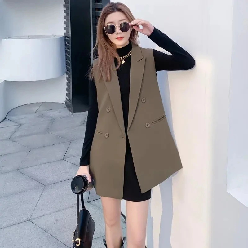 Suit Vest Women Coat 2022 Spring Autumn New Korean Fashion Double-Breasted Waistcoat Jacket Turndown Collar Blazer Gilet Femme