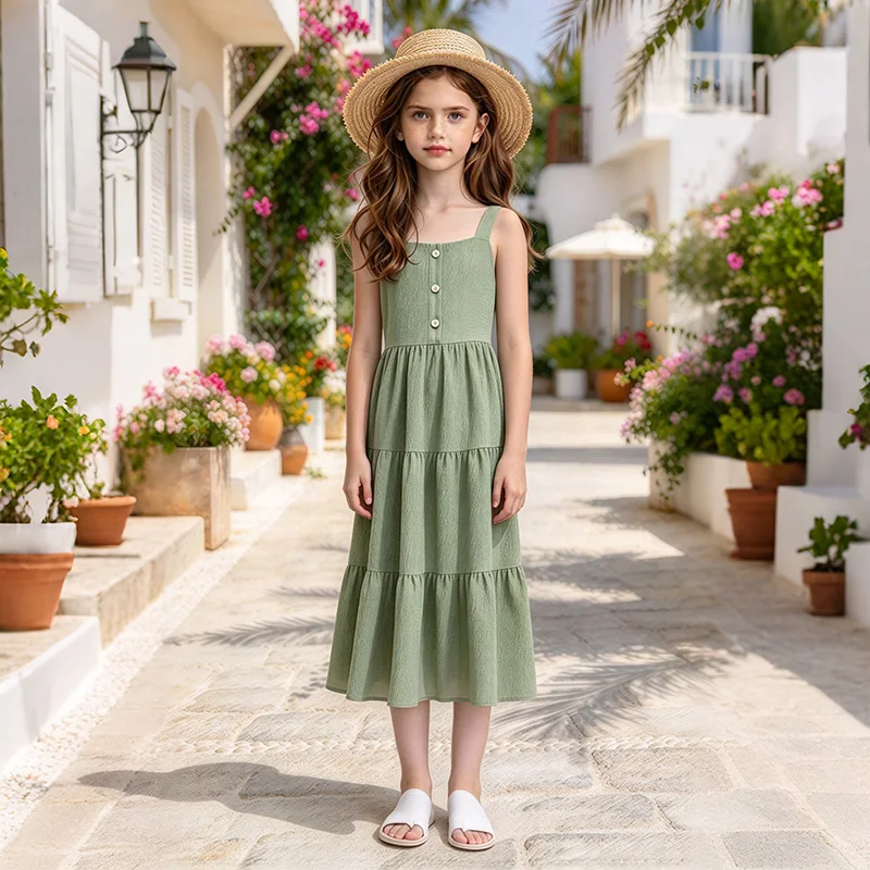 Trendy Girls Summer Spaghetti Strap Dress 8-12Y, Hot Selling Green Tiered Sundress with Back Bow for Daily Beach Vacation