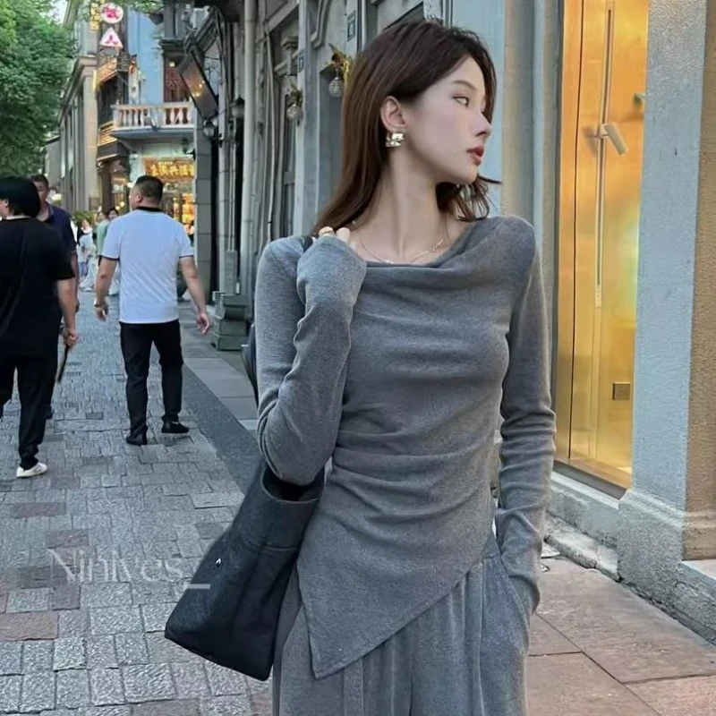 Spring Autumn New Fashion One Shoulder Long Sleeve Solid T-Shirts Women\'s Clothing Youth Slim Temperament Show Off Weight Tops