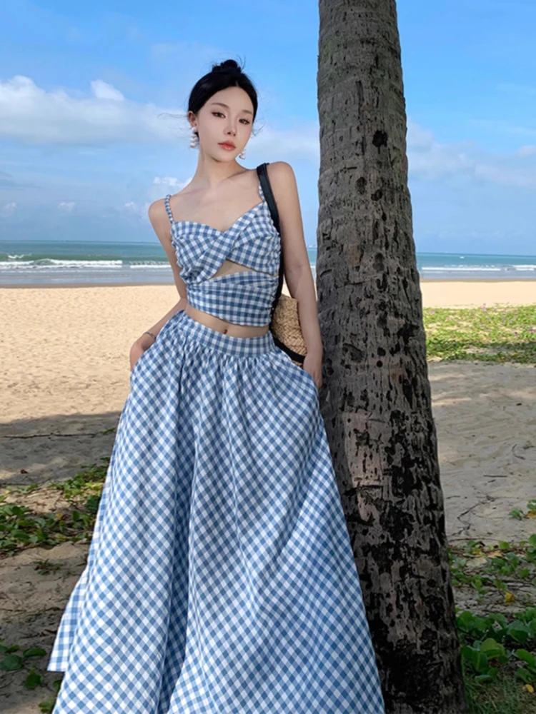 Plaid 2 Piece Sets For Women Sexy Hollow Out Cropped Tank Top + High Waist Pleated A-line Skirts Korean All Match Summer Suit