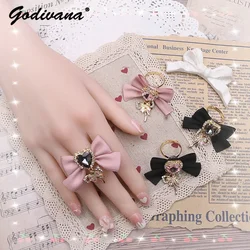 Customized Beads Handmade Women's Rings JapaneseStyle Sweet Cute Heart Ring Shape Rhinestone Bowknot Pendant Ring for Girls