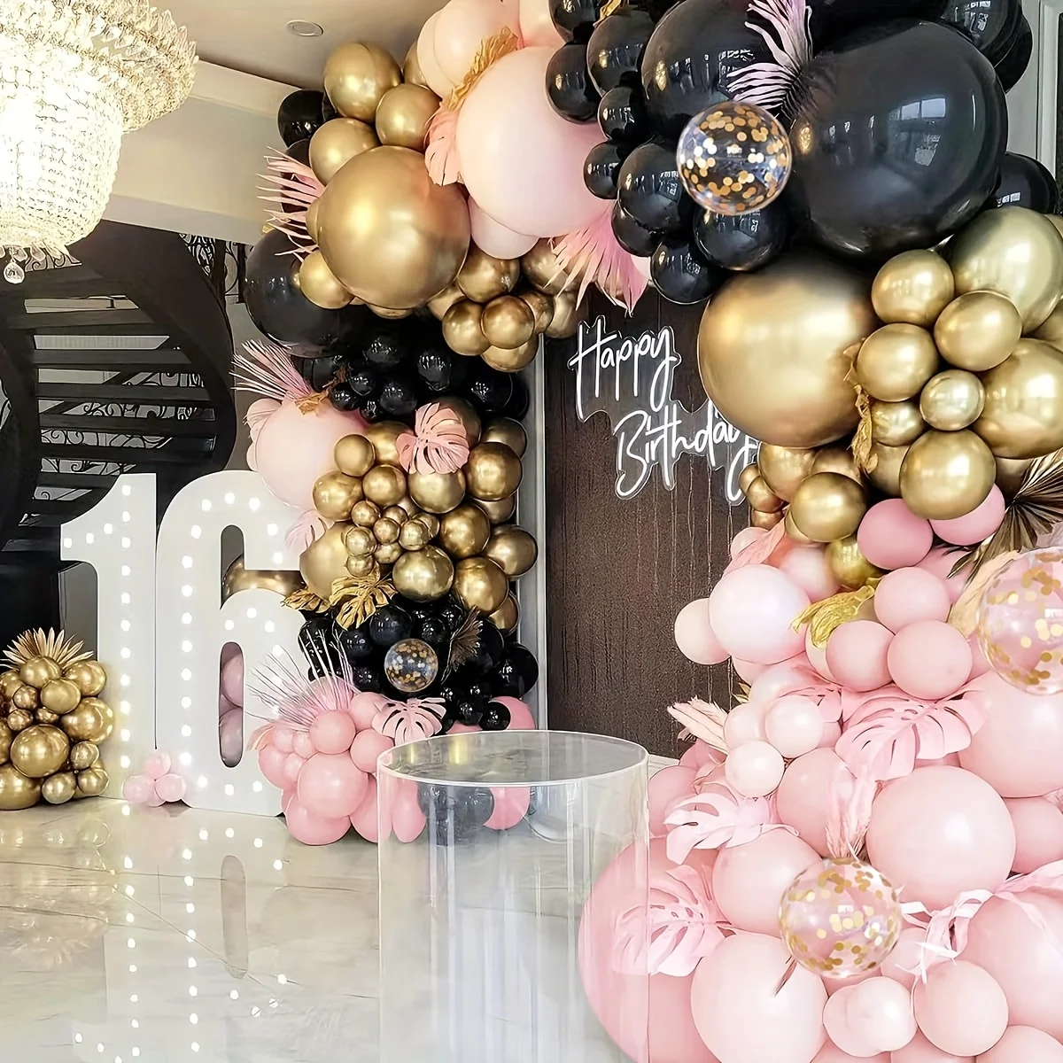 Balloon Arch Kit - Pastel Pink Matte Black Metallic Gold