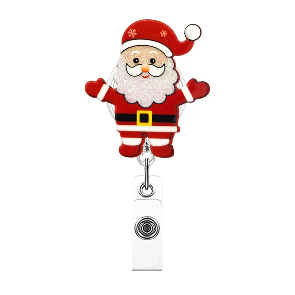 Acrylic Christmas Badge Reel Snowman Elk Santa Claus Retractable Badge Holder Xmas Decoration Glitter Shiny ID Card Holder