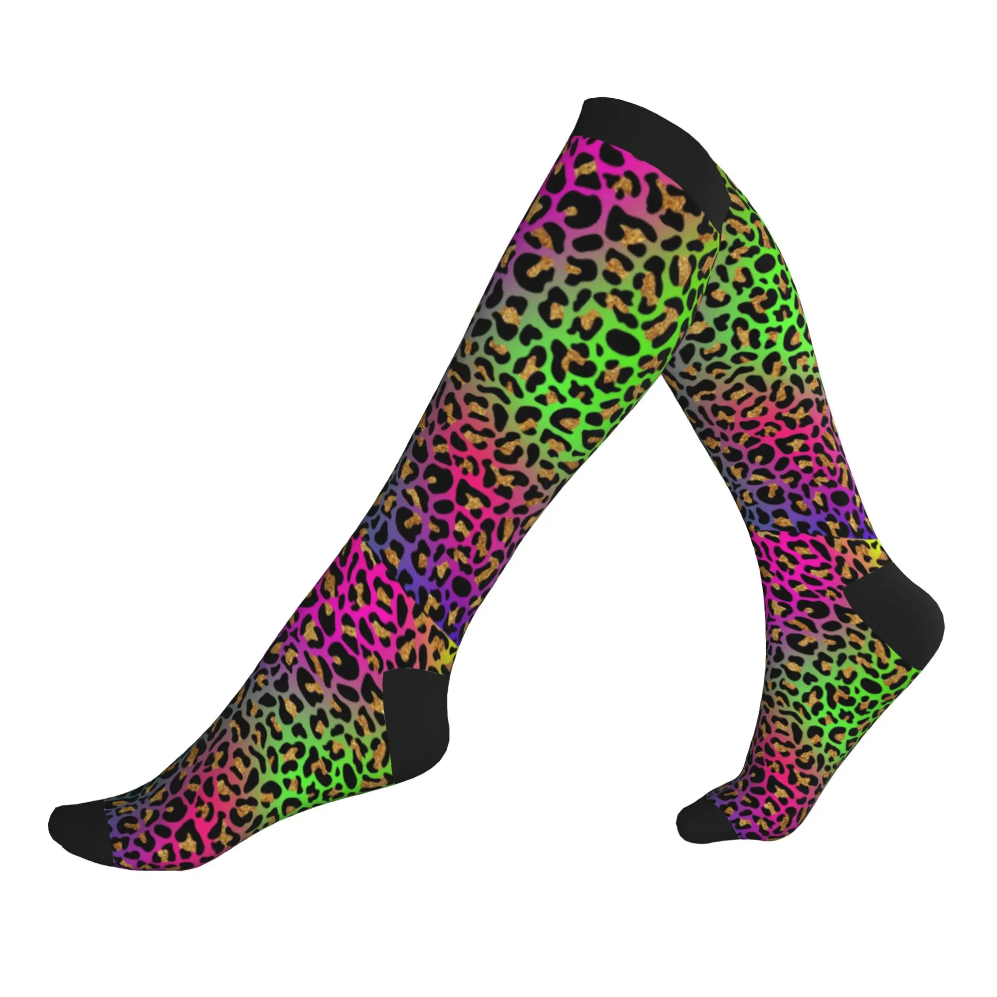 Neon Rainbow Leopard Animal Print Mens Sports Compression Socks Unisex Cute  Spring Summer Autumn Winter Dress Socks