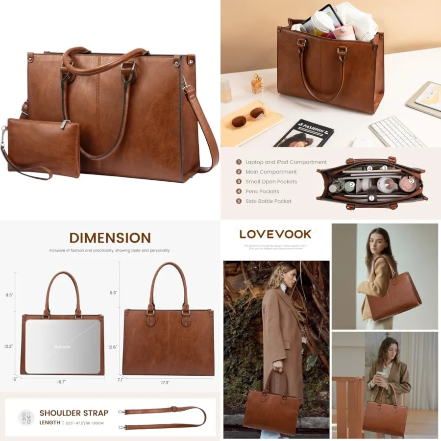

Laptop Tote Bag for Women, Large Capacity Vintage Leather Waterproof Work Computer Handbag with Clutch Purse, Ideal Gift for Wo