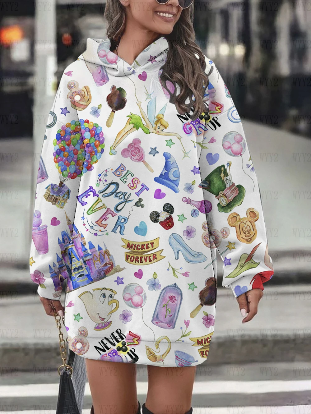 New Disney cartoon pattern series printed fashionable women 2024 loose hooded skirt dress retro hoodie