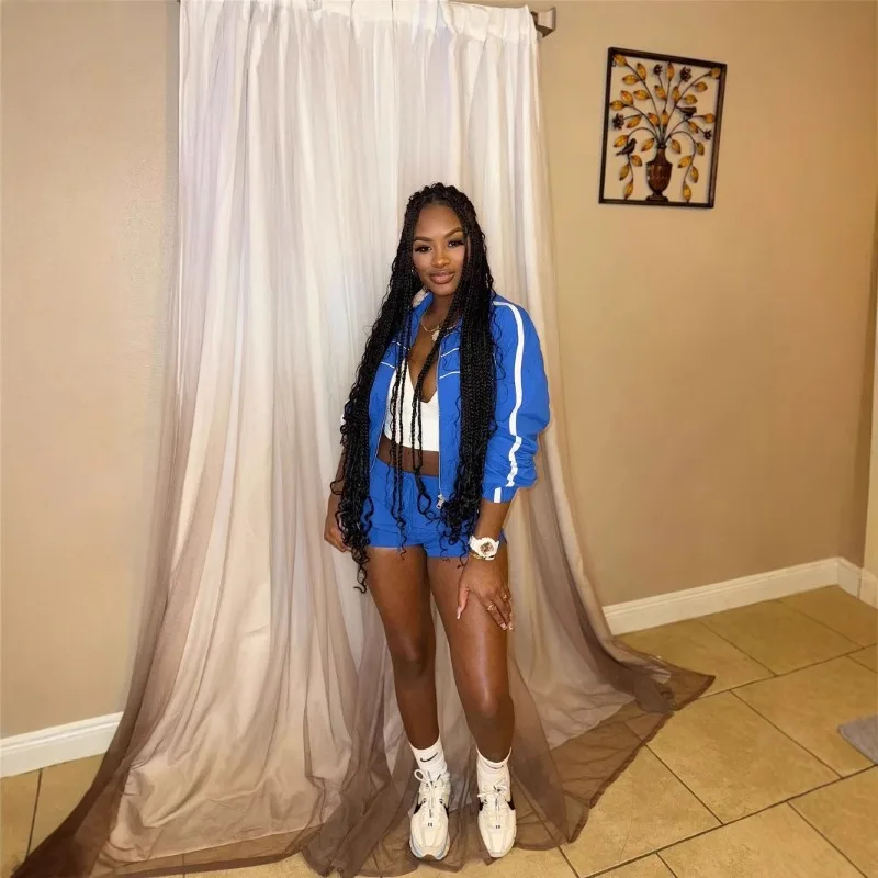 Women 2‑Piece Tracksuit Black Piping Zip‑Up Oversized Jacket+High Waist Shorts Set Casual Streetwear Matching Outfit For Girls