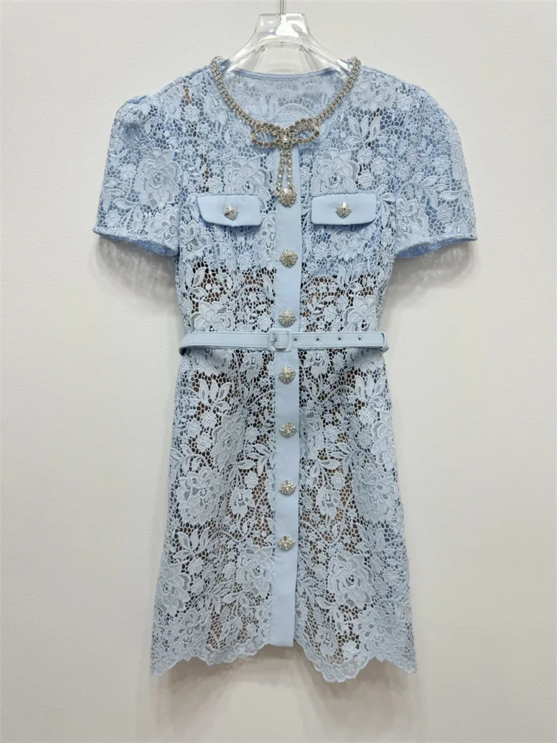 Vestido de renda azul manga curta feminino, decoração de strass, decote em O, cintura alta, doce, verão, mini robe, 2024