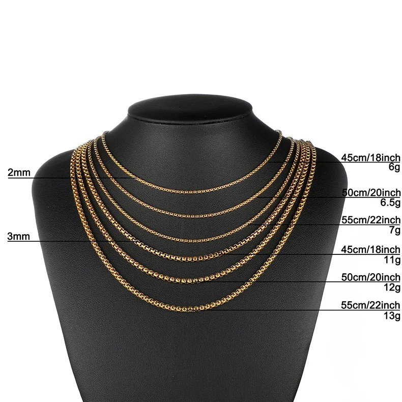 2MM/3MM Edelstahl-Halskette mit quadratischer Gliederkette für Herren und Damen, Retro-Choker in Goldfarbe, Metallschmuck, DIY-Zubehör – Detail 1