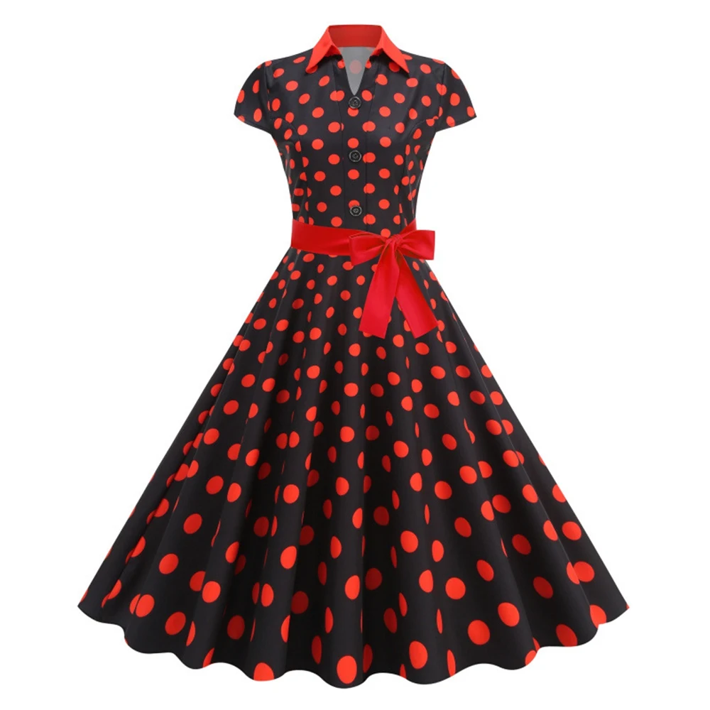 

Polka Dot Printed Evening Dress Women's Elegant Mid-length A-line O-neck Short Sleeved Lace Up Belt Design Graduation Prom Gown