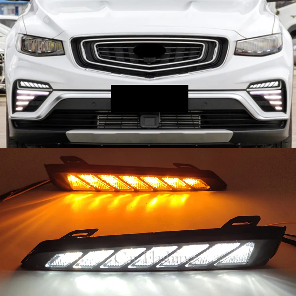 Car LED DRL Daytime Running Light For Geely Atlas PRO 2019 2020 2021 with yellow turn signal light Fog lamp cover