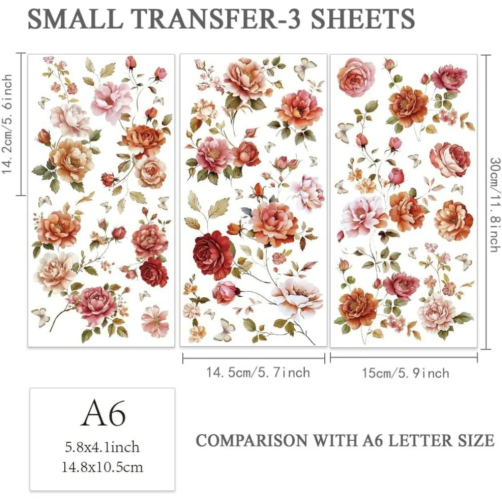 3pcs/Set Rose Vine Rub on Transfers for Furniture and Crafts 6x12 Inch Decals Flower Theme Transfer Stickers for Wood making kit