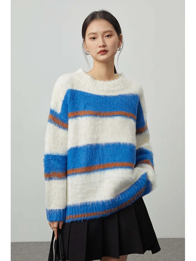 ZIQIAO Mohair Stripe maglione delle donne 2022 autunno inverno nuovo vintage girocollo lavorato a maglia Top blu bianco donna casual maglione