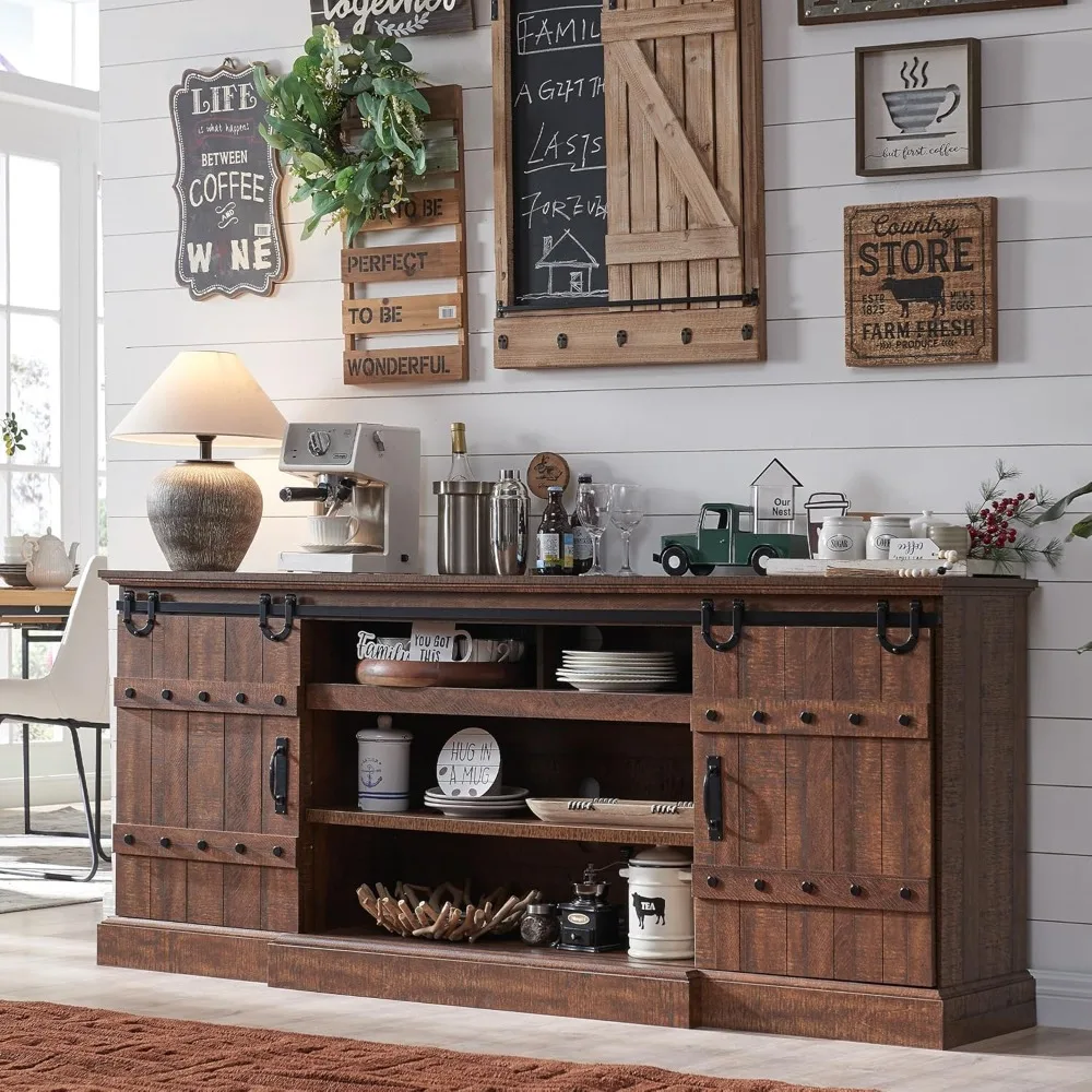 

75" Sideboard Buffet Cabinet with Storage, Farmhouse TV Stand w/Sliding Barn Door, Rustic Long Coffee Bar, Large Buffet Table