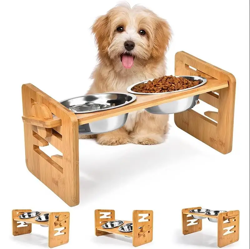

Elevated Stainless Dog Bowls with Bamboo Stand Tilted Adjustable Raised Puppy Cat Food Water Bowls Holder Pet Feeder Accessories