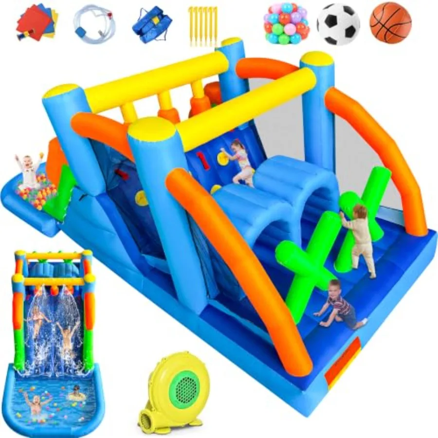 Backyard water park inflatable bounce house 8-in-1 obstacle course with climbing wall, splash pool, sprinklers, and slide; PVC
