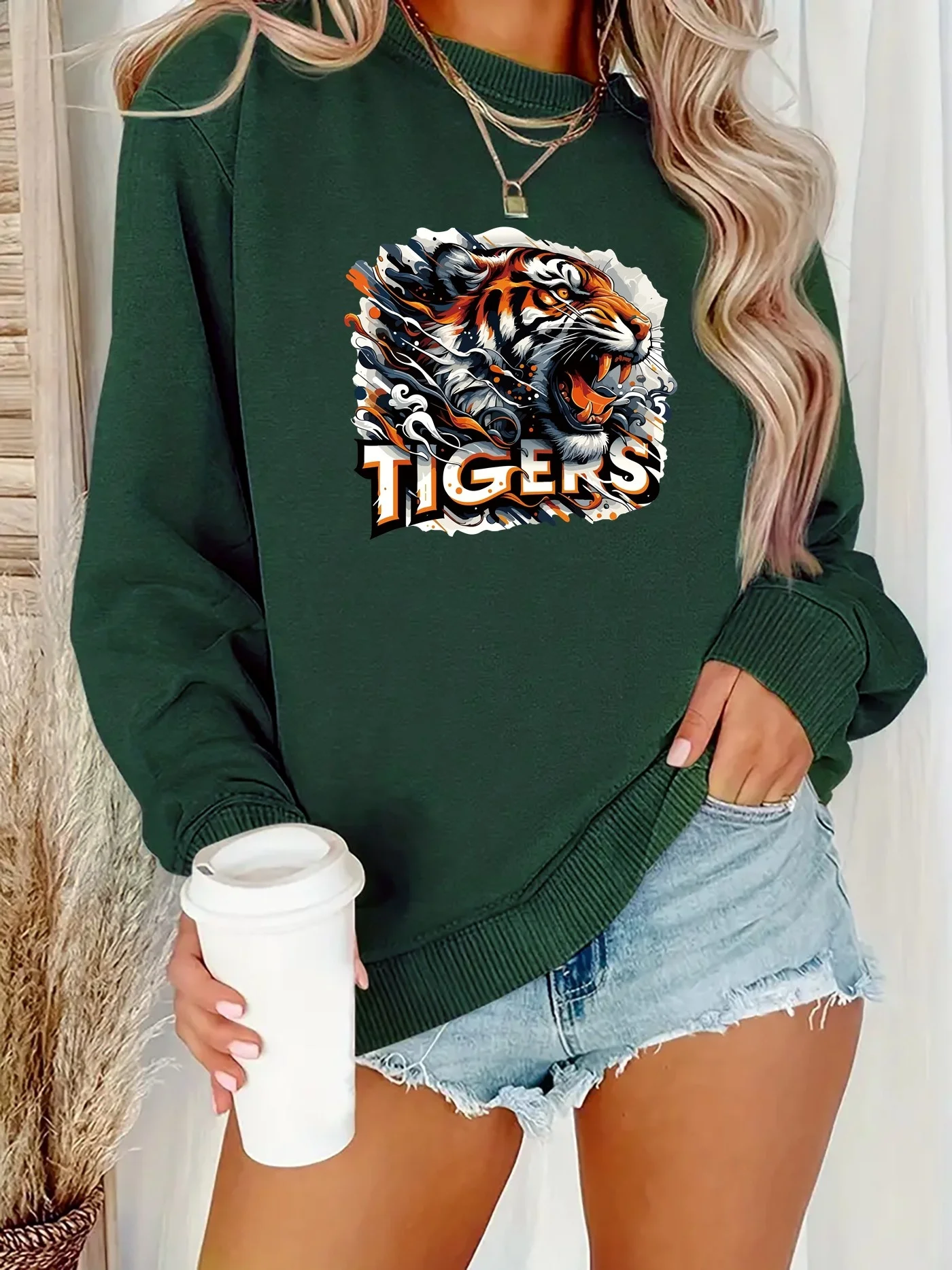 Nueva recomendación, suéter estampado con patrón de tigre, suéter informal de manga larga para mujer, ropa deportiva de poliéster para porristas