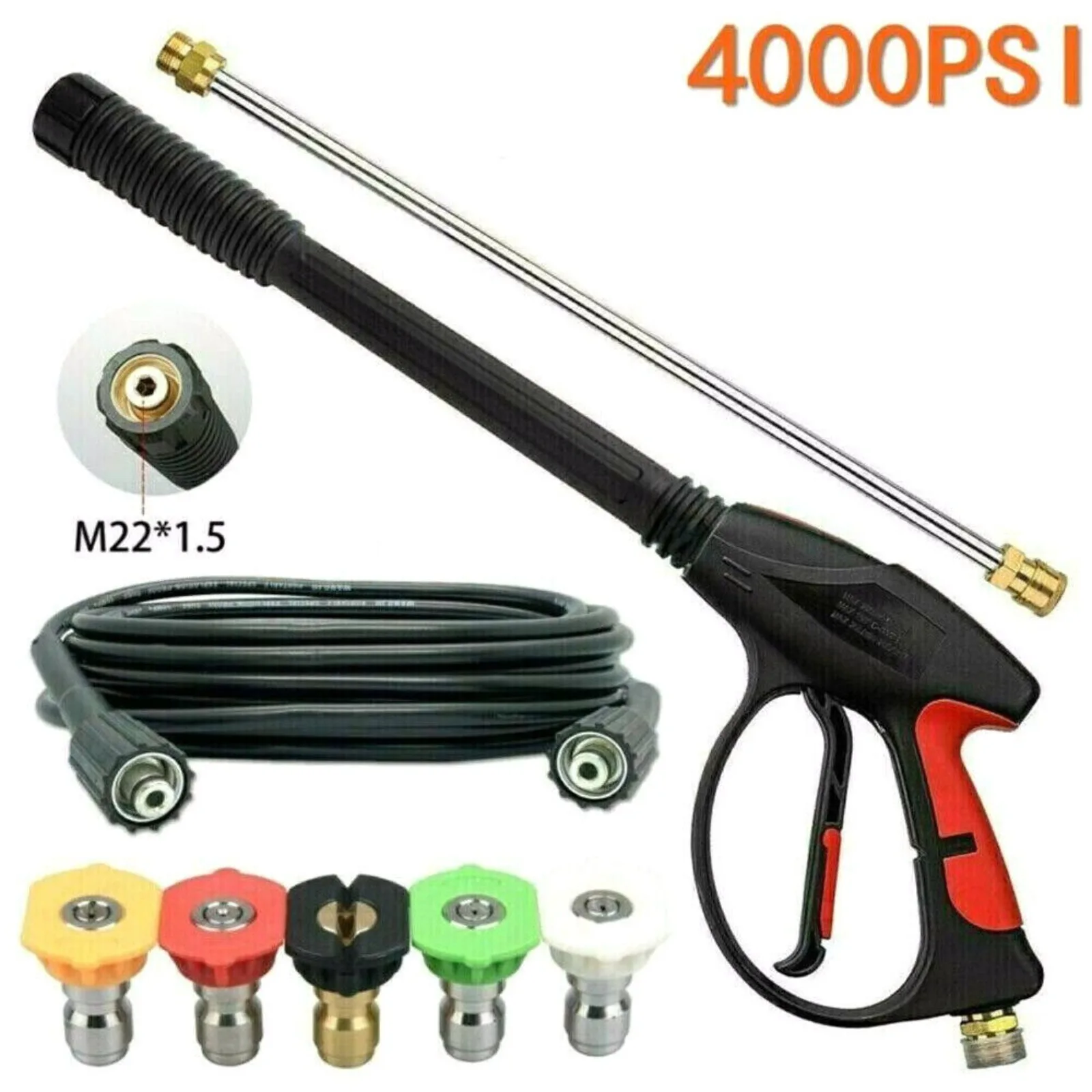 

US 4000PSI High Pressure Power Washer Spray Gun Wand Lance Nozzle Tips Hose Kit M22