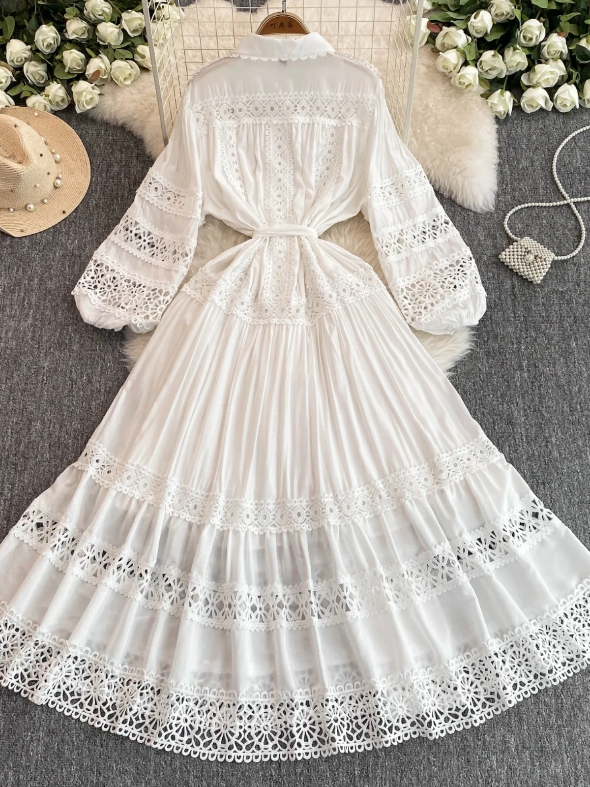 Summer Autumn Lace Embroidery Wedding Evening White Dress Shirt Women Sexy Hollow Out Long Sleeve Midi Vestidos Party Robe