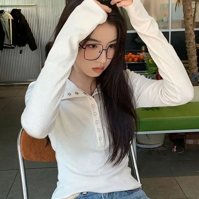 レディース Tシャツ アウター ボタンアップ フレッシュ スイート スタイル スリムフィット 長袖 ベースTシャツ インナー ポリエステル繊維 無地