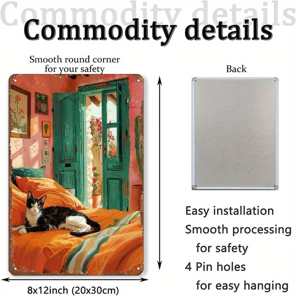 لافتة حائط معدنية عتيقة مقاس 8 × 12 بوصة - فن قطة غريب الأطوار، ديكور بوهيمي ملون للرجال الكهف والبار والمطبخ والمكتب