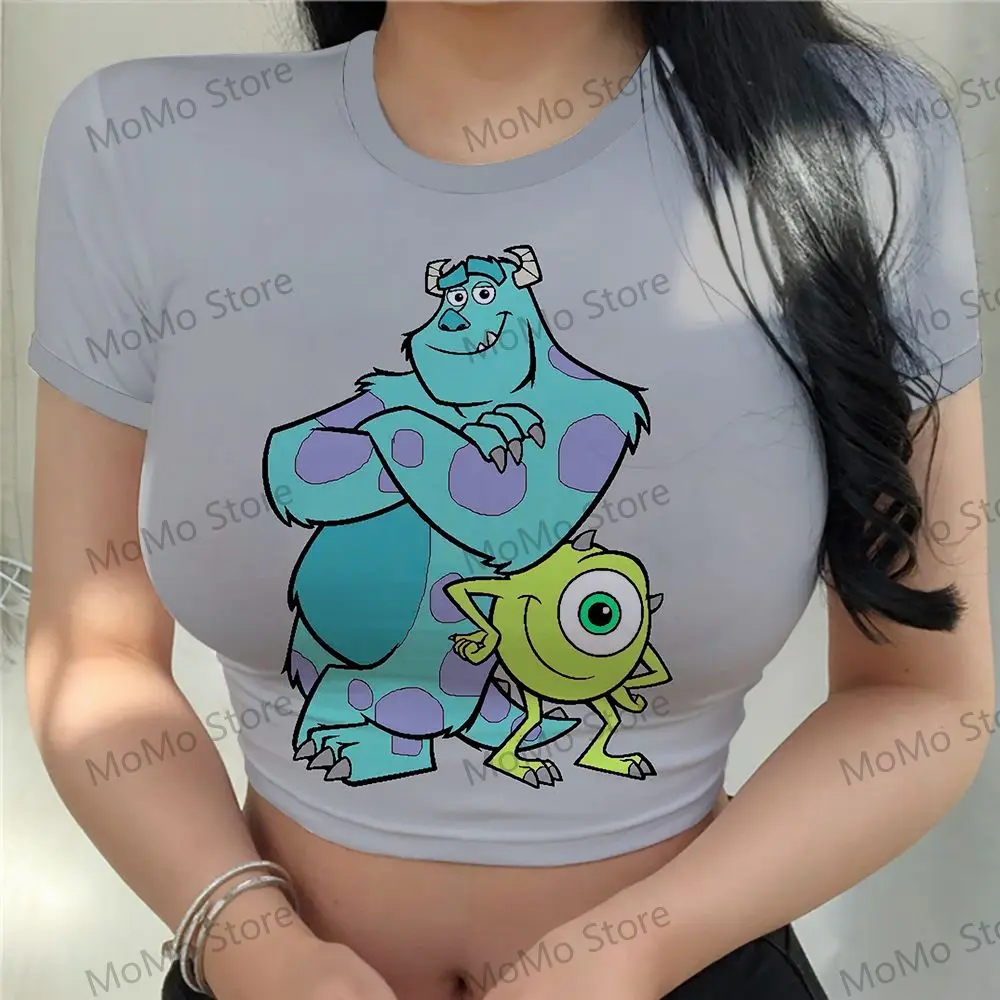 

Женский укороченный топ, футболка Kawaii Disney Monsters Inc. Женская одежда, летняя Милая распродажа, новые сексуальные футболки Y2k 2024 с круглым вырезом для женщин