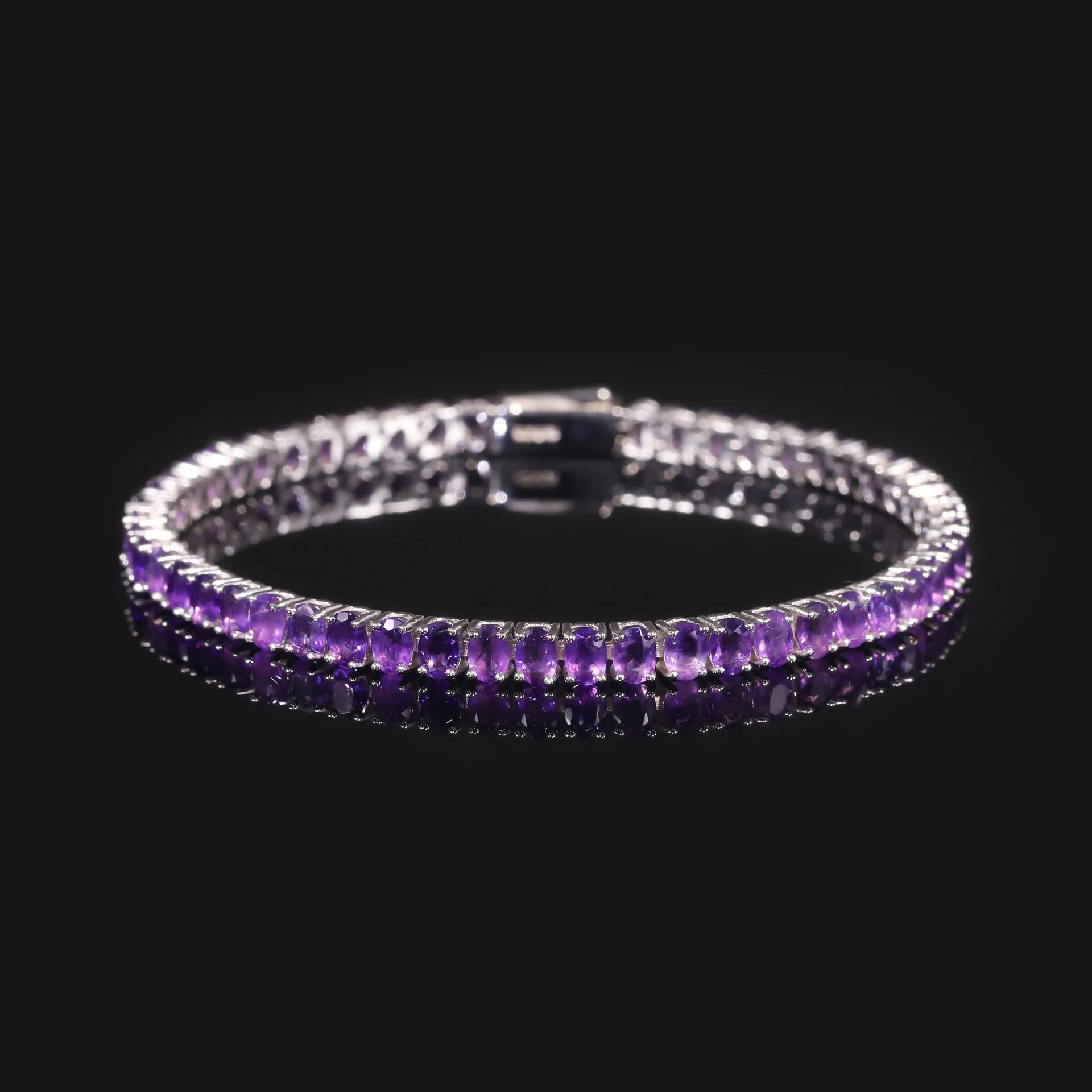 S925 Silver Natural Amethyst Two-Tone Tennis Bracelet, Oval Cut Gemstone Chain, Unique Jewelry