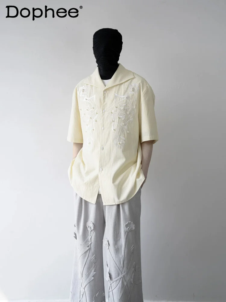 

Men's 2026 Summer Striped Shirts Fashion Pearl Embroidery Elegant Comfort Short-sleeve Shirts Fresh Unique Color Matching Tops