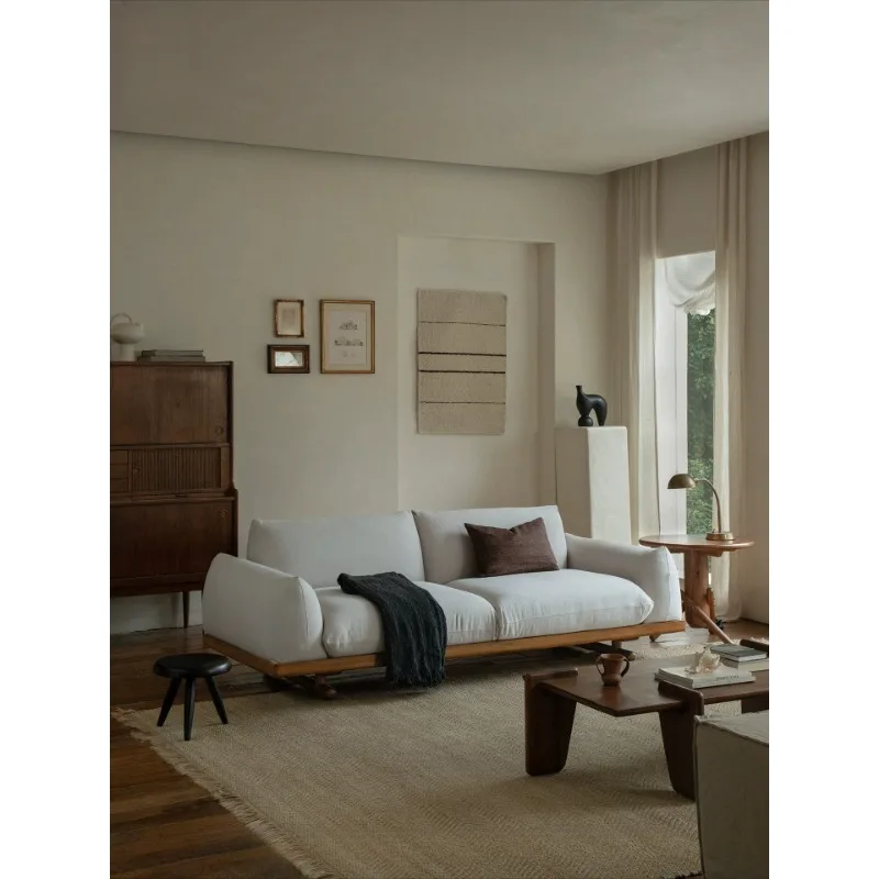 Bread sofa wabi sand wind Indonesian teak linen three-person solid wood fabric sofa