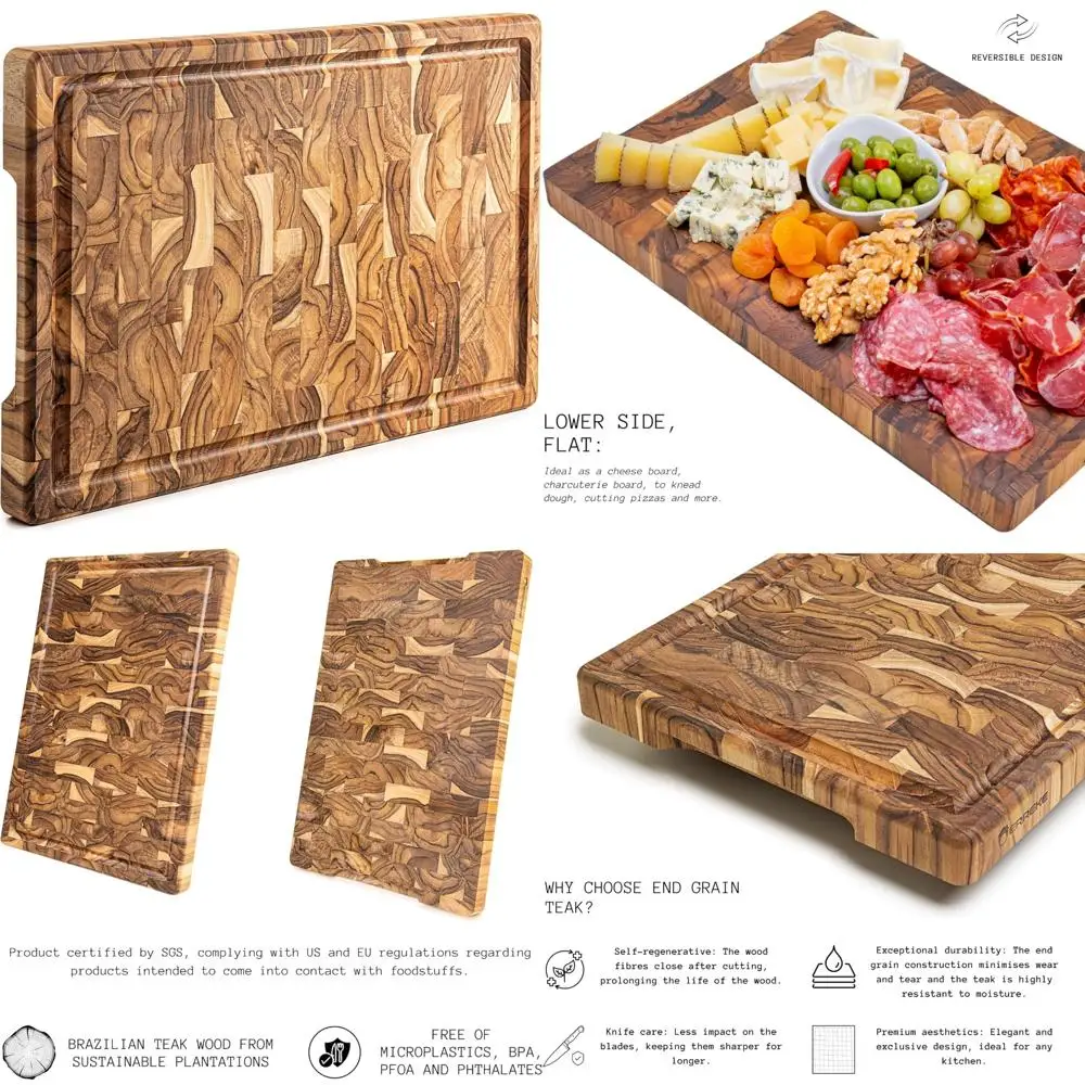 

Большая толстая разделочная доска из тикового дерева XL с наконечником 17,5x12x1,5 — кухонная разделочная доска с канавкой для сока, долговечность и простота