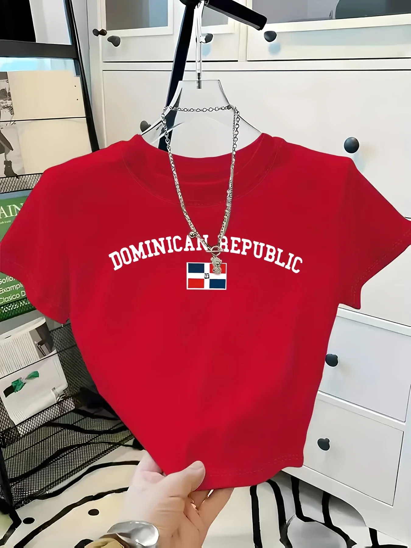 DOMINICAN REPUBLIC Lettering and Dominican Republic Flag Pattern Round Neck T-shirt, Comfortable Short Sleeved Personalized Top