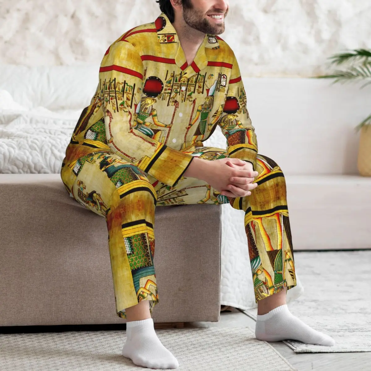 Men Pajamas Set of Autumn Winter Long-Sleeved Egyptian Gods And Goddess Home Clothing Sleepwear 2PCS/Set