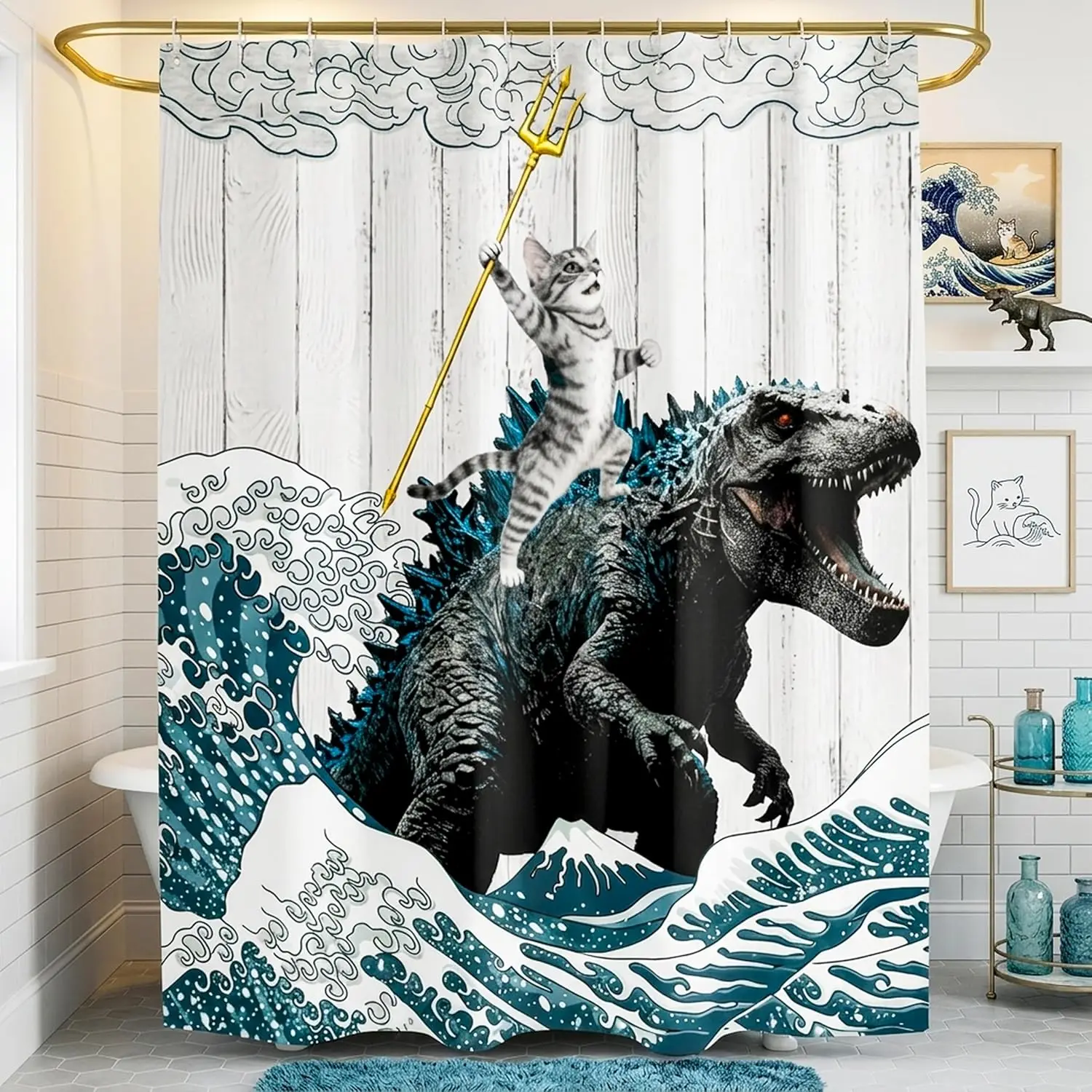 

Cat Dinosaur Shower Curtain - Funny Cool Animal Japanese Ocean Wave Fabric Bathroom Decor Bathtub, Waterproof Rustic Kids