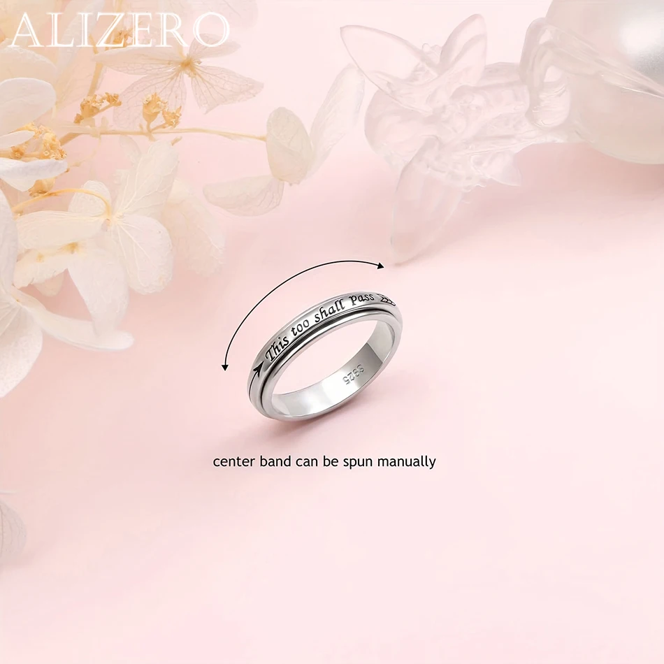 

925 Sterling Silver Rotating Ring - "This Too Shall Pass" Quote, Adjustable 6-10 US Size, Bohemian Vintage Style for Women Men
