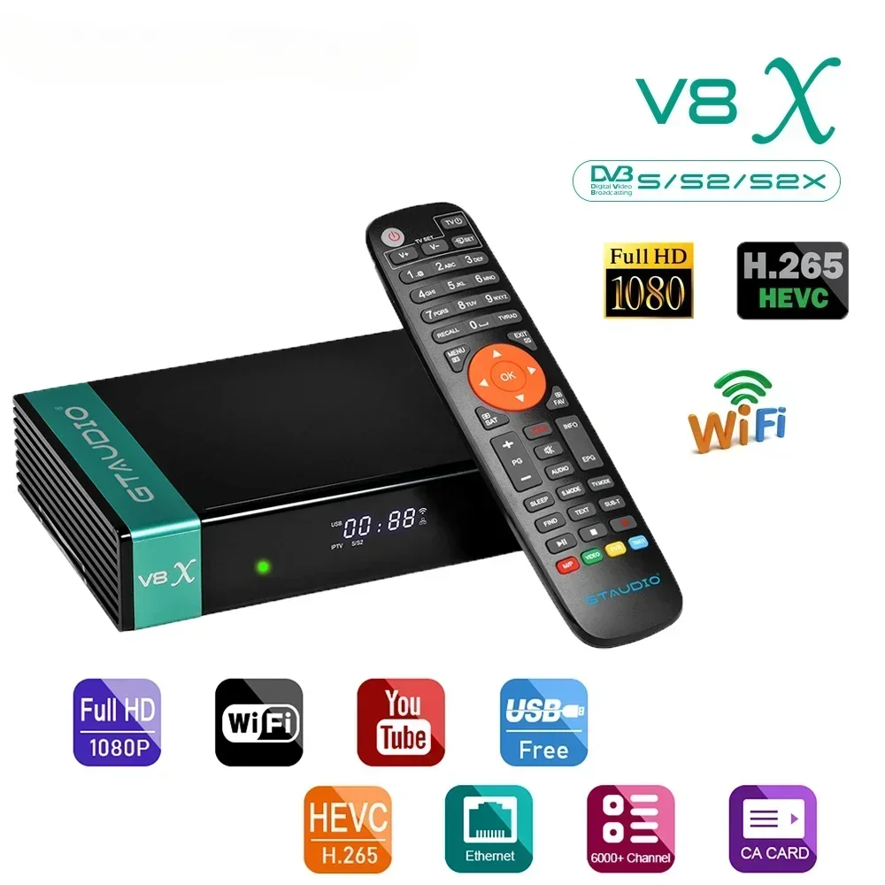 GTAUDIO V8X Satellite Receiver DVB-S/S2/S2X,VCM/ACM/multi-stream 1080P HD Built-in 2.4G WIFI Support BISS auto roll Full PowerVu