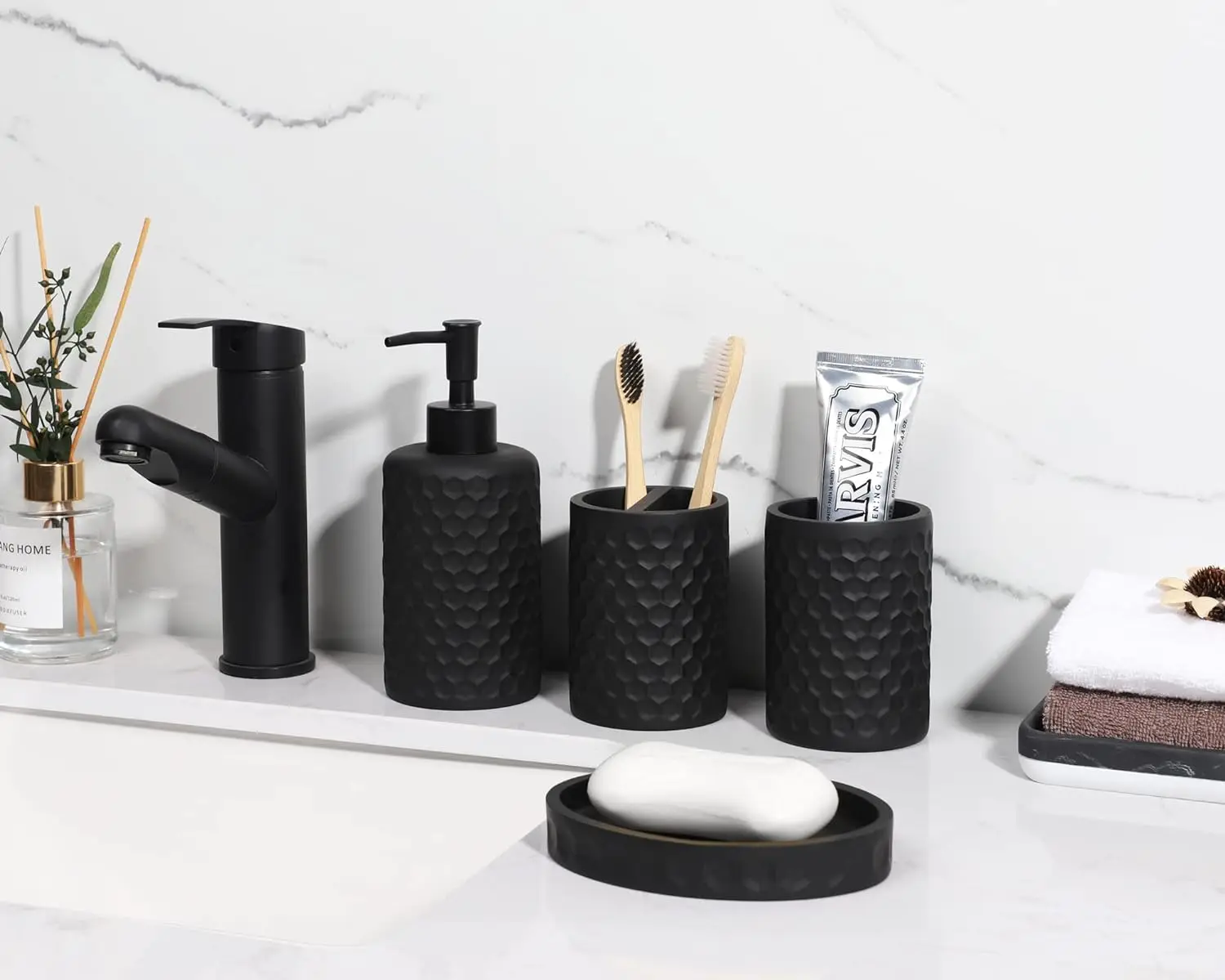 

Bathroom Accessory Set, 6 Piece Black Complete with Trash Can, Toothbrush Holder, Cup,