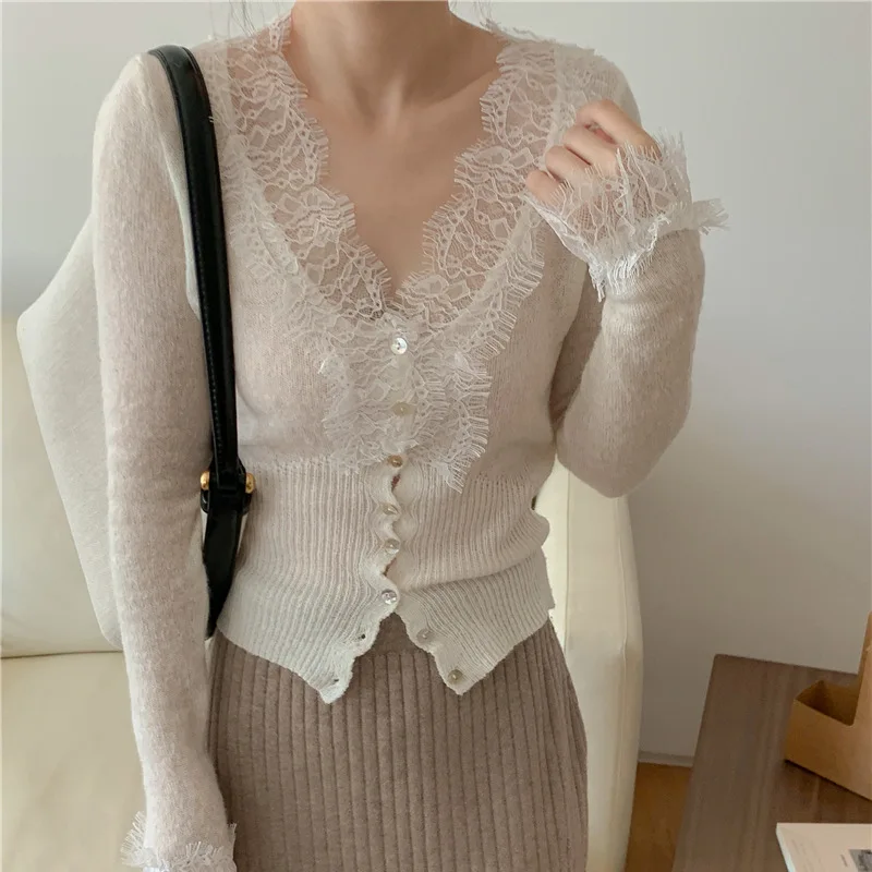 

FRAYA LAB Vintage Lace Knitted Cardigans for Women 2026 New Autumn Winter Solid Casual Slim Korean Style Ladies Tops Female