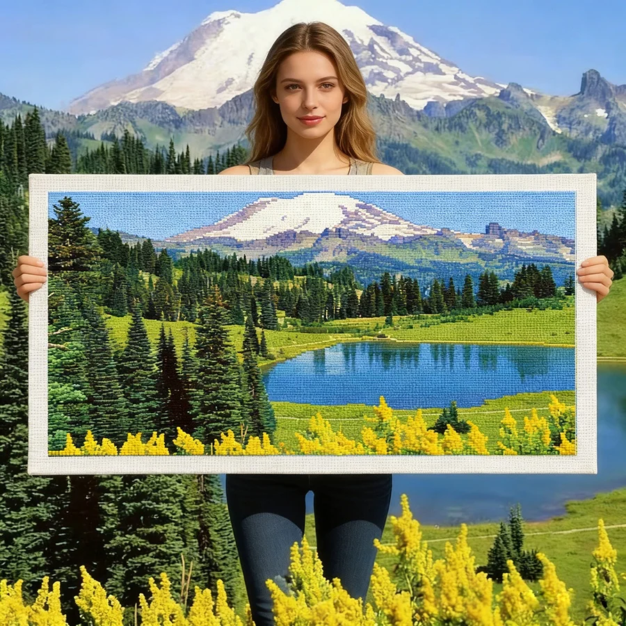

2026 New style Mountain Lake Patterns Cross Stitch Kit Thread Full Printed Canvas Embroidery For Living Room Home Decor