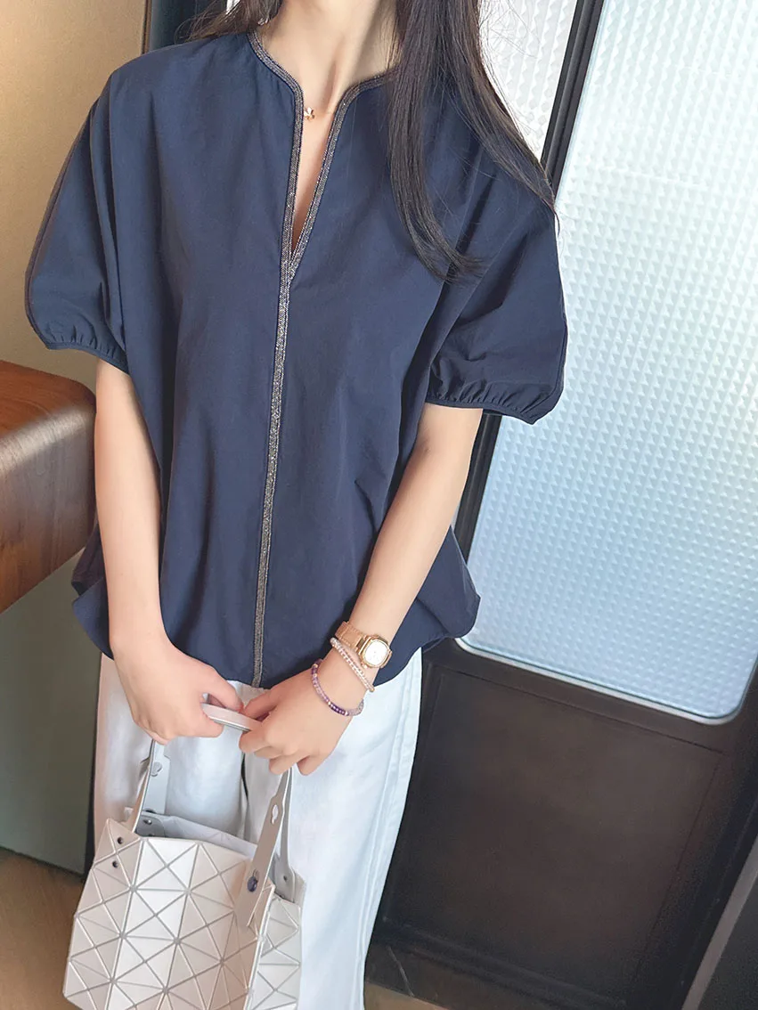 

Faionable Simple Beaded High-End Feel V-Ne Anti-Aging Loose Silhouette Bubble Sve irt Women's Premium Quali Blouse