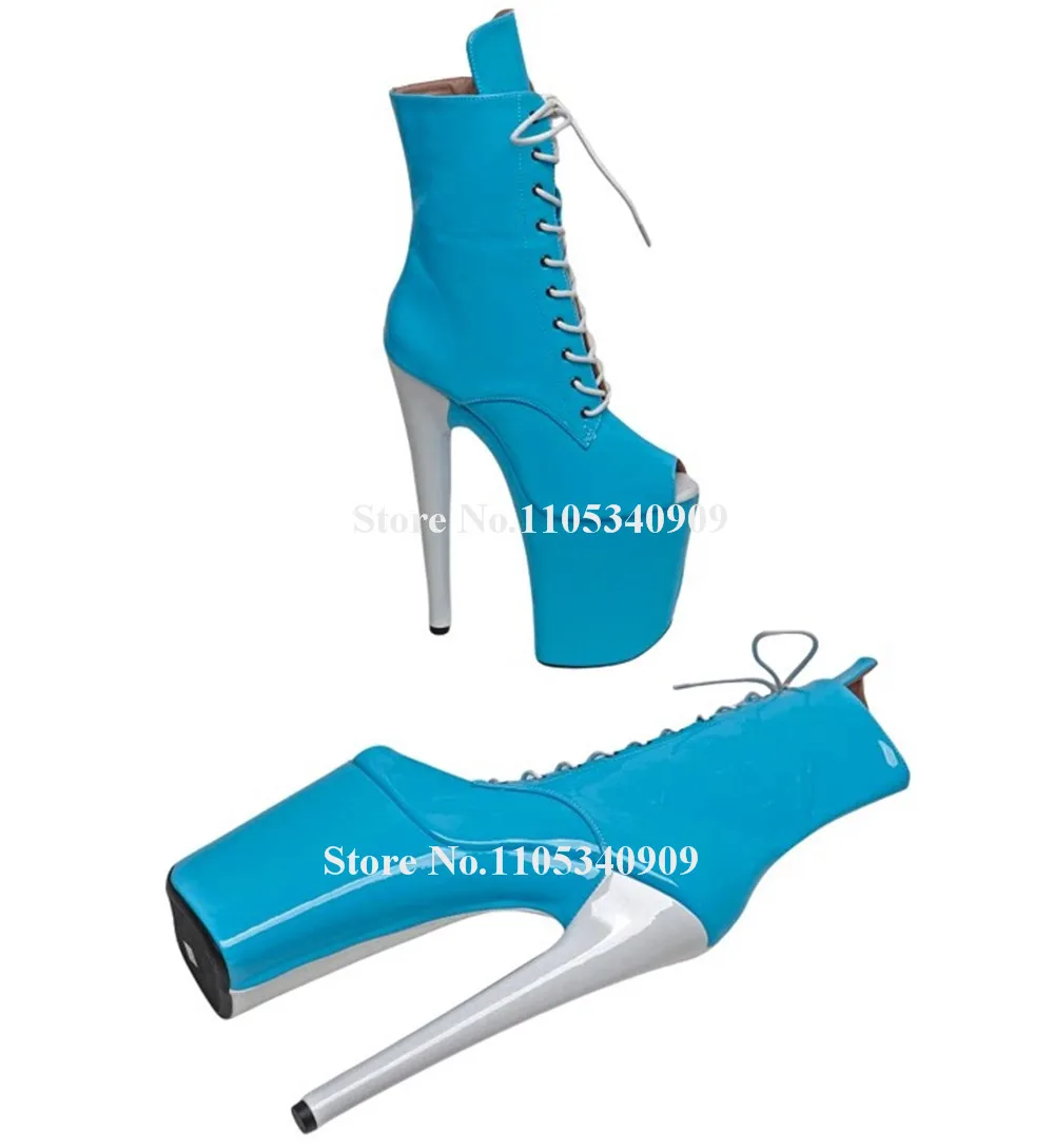 Bondarenko Sexy Blue-white Mixed Colors Stiletto Heel Short Boots Peep Toe High Platform Lace-up Thin Heel Stage Dance Shoes