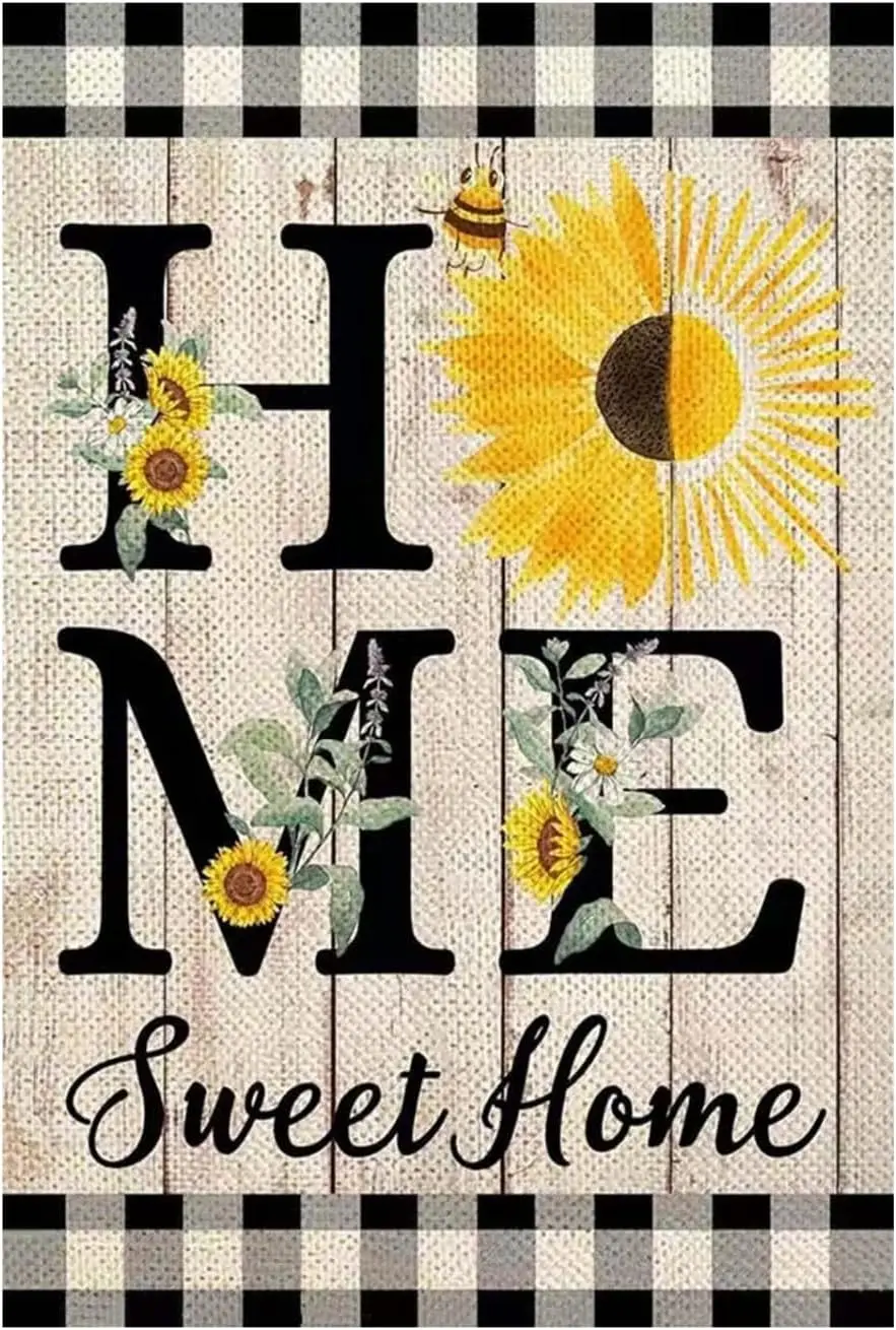 Flagi ogrodowe - Dekoracyjne banery zewnętrzne „Home Sweet Home” ze słonecznikowymi żółtymi słonecznikami i pszczołami. Dwustronne 12x18