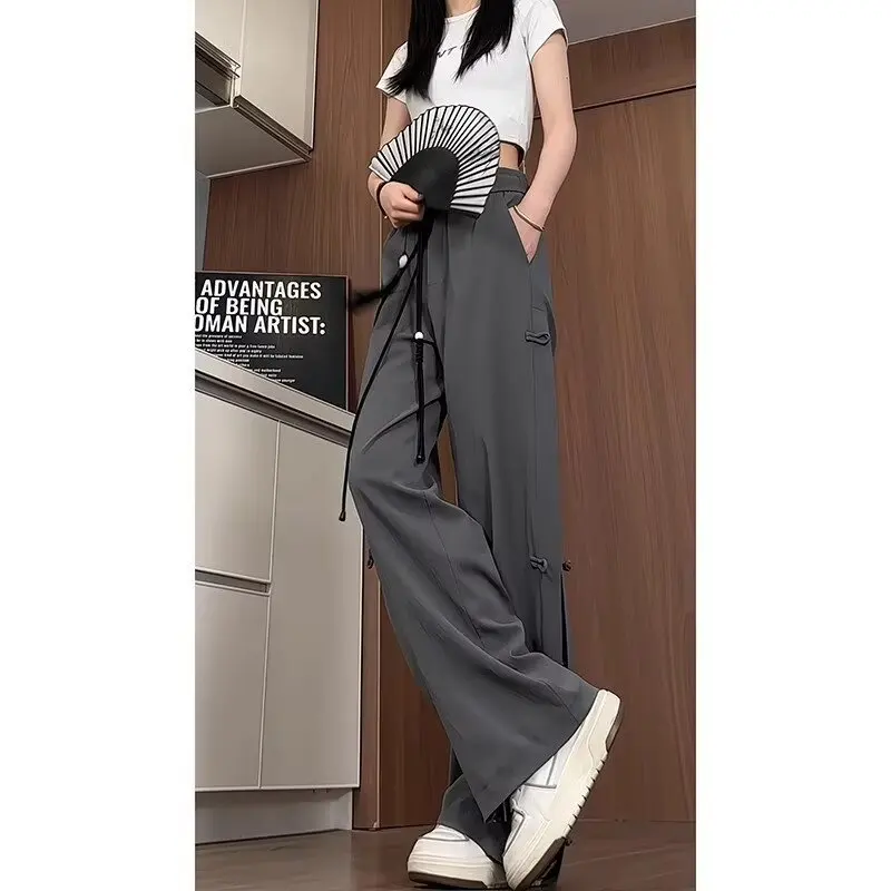 Spring and summer Chinese style buckle casual pants, women's cotton and linen pants, loose ice silk straight leg pants trend