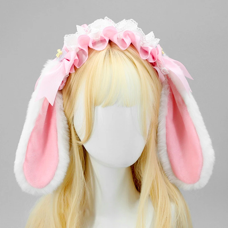 Kawaii Coelho Orelhas Headband para Meninas, Pelúcia Coelho Hairband, Bowknot, Lolita Cosplay, Acessórios para Cabelo Doce, Japonês, Kawaii