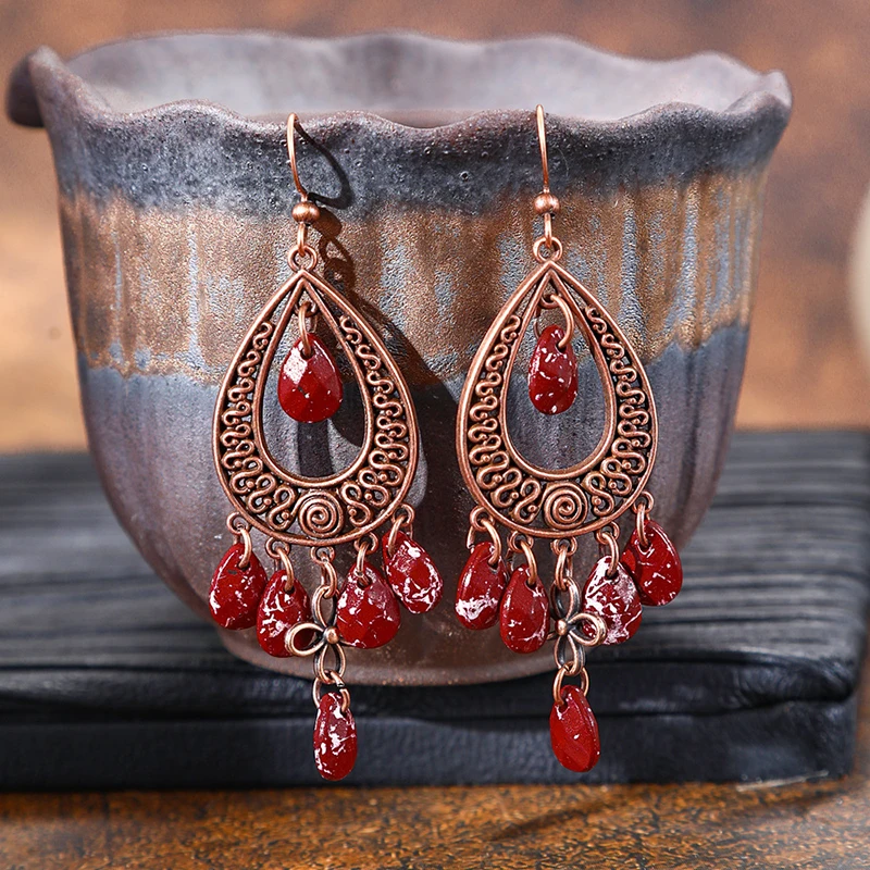 Vintage Bohemian Tassel Water Drop Earrings for Women Lady Bronze Color Hollow Dangle Earring Ethnic Female Jewelry