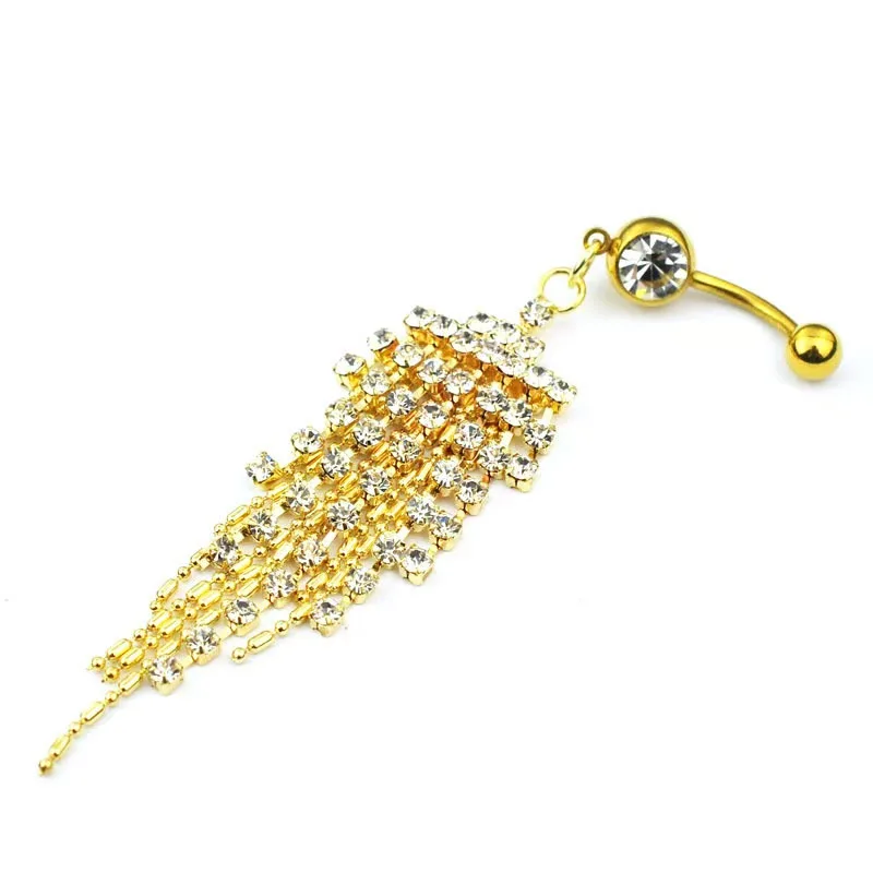 Fashion Golden-color Navel Button Ring With Shiny Gems String Charm Belly Nailing Body Piercing Jewelry