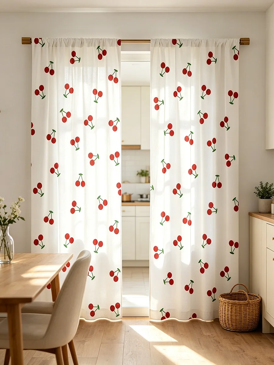 2PCS Digital Printed Curtains, Red Cherry Sweet Fruit Pattern, Cute Romantic Style for Living Room Bedroom Kitchen Home Decor