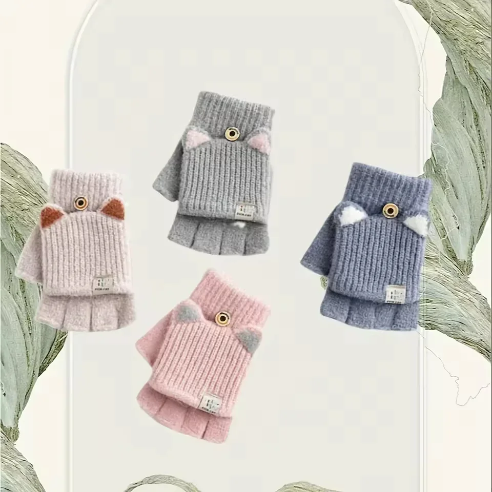 Winter Women Knitted Gloves Thick Woolen Female Mittens Cute Flip Fingerless Exposed Finger Girl Gloves For Cycling Hand Warmer