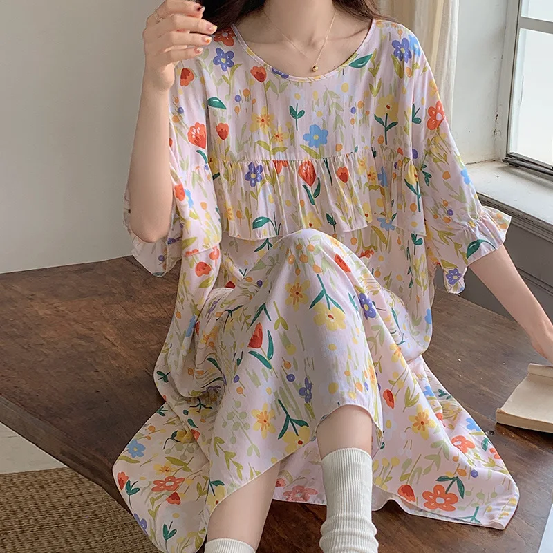 Summer Printed Cotton Silk Sleeping Skirt for Women Sweet Round Neck Short Sleeve Pajama Dress Female Home Furnishing Clothing
