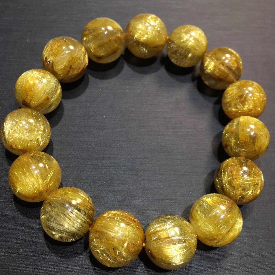 14mm Natural Gold Rutilated Quartz Bracelet Jewelry For Women Lady Men Wealth Gift Reiki Healing Crystal Round Beads Strands