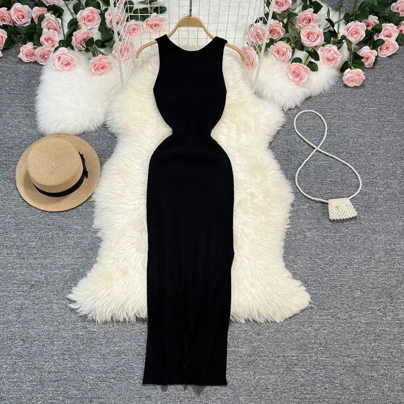 YuooMuoo Women Dress 2024 Summer Fashion Two Sides Available Knitted Bodycon Dress Elegant Split Long Party Vestidos Robe Femme